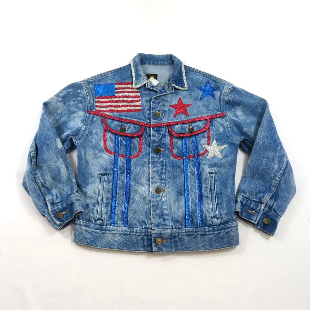 Lee Denim Jean Jacket Blue Patriotic Embellished Youth Sz 12/14 American Flag